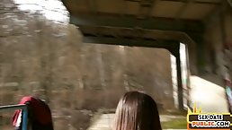 Small tits brunette babe sucks and fucks two dicks outdoor