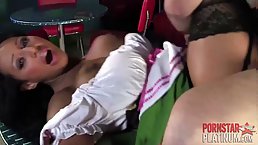 Busty brunette MILF in stockings blows cock before hardcore banging