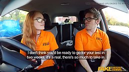 Fake driving instructor fucks redhead PAWGin the car and gives her a creampie