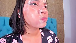 Cute brunette teen pounds sloppy throat with dildo