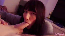 Young brunette babe sucks big cock