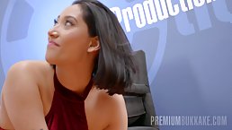 Young brunette Pris Angel gives an interview and drinks cum