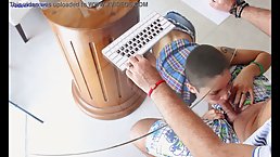 Short-haired brunette teen does deep blowjob under the table