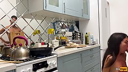 Small tits brunette babe gets fucked in kitchen