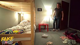 Flirty bi-sexual babes end up in hard and fast threesome in a fake hostel romm