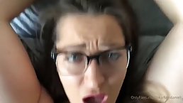 Bounded brunette MILF with glasses gets her hairy pussy pounded POV
