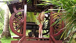 Skinny blonde teen poses naked outdoor