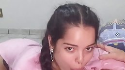 Pretty brunette teen sucks dick POV