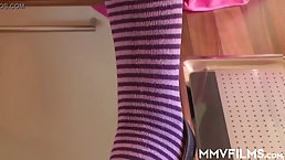 Young brunette girl does her first ass to mouth