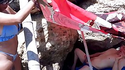 Homemade FFM threesome on the beach with busty latinas