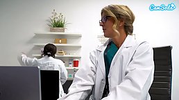 Busty blonde nurse masturbates with dildo
