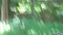 Amateur busty brunette MILF with glasses gangbanged outdoors