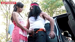 Horny mechanic tricks petite brunette teen into fucking her