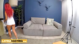 Young redhead Latina shows off her blowing and riding skills at casting
