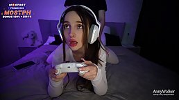 Gamer's stepsister Anny Walker sucks and rides dick