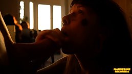 Hungry tattooed slut sucks dick and gets oral creampie