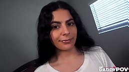 Pretty Latina babe with nice ass and hairy pussy sucks and rides dick POV