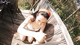 Young brunette Black Lynn face fucked on a forest tower