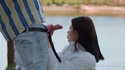 Young brunette Skye Wood gives risky blowjob on the beach for a friend