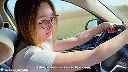 Big ass MILF with glasses rides dick on a back seat of a car